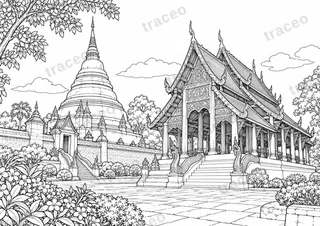 Black-and-white landscape colouring page of Wat Phra That Lampang Luang