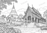 Black-and-white landscape colouring page of Wat Phra That Lampang Luang