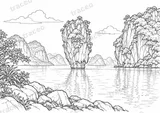 Black-and-white landscape colouring page of Limestone islands of Phang Nga