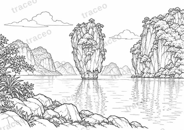 Black-and-white landscape colouring page of Limestone islands of Phang Nga