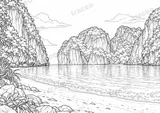Black-and-white landscape colouring page of Maya Bay on Phi Phi Leh
