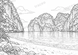 Black-and-white landscape colouring page of Maya Bay on Phi Phi Leh