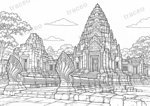 Página para colorear de paisaje en blanco y negro del santuario de piedra de Phimai