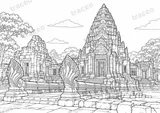 Black-and-white landscape colouring page of Phimai stone sanctuary