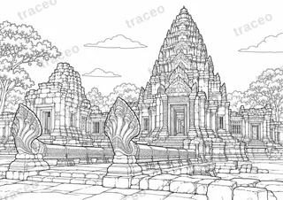 Black-and-white landscape colouring page of Phimai stone sanctuary