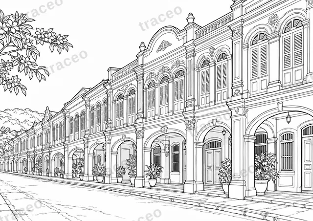 Black-and-white landscape colouring page of Phuket Old Town shophouses