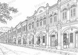 Black-and-white landscape colouring page of Phuket Old Town shophouses