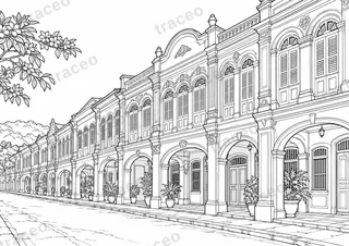 Black-and-white landscape colouring page of Phuket Old Town shophouses