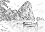 Black-and-white landscape colouring page of Railay's limestone cliffs