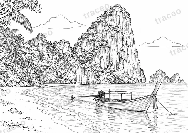 Black-and-white landscape colouring page of Railay's limestone cliffs