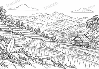Black-and-white landscape colouring page of Rice terraces of Mae Chaem