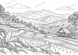 Black-and-white landscape colouring page of Rice terraces of Mae Chaem