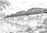 Black-and-white landscape colouring page of The bridge over the River Kwai
