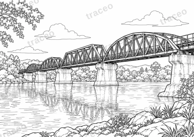 Black-and-white landscape colouring page of The bridge over the River Kwai