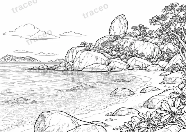 Schwarz-weiße Landschaftsmalseite mit Granitblöcken der Similan-Inseln