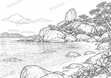 Black-and-white landscape colouring page of Granite boulders of the Similan Islands