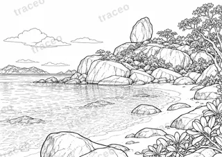 Black-and-white landscape colouring page of Granite boulders of the Similan Islands