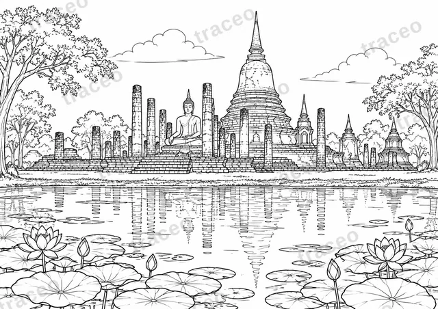 Dibujo para colorear de un paisaje en blanco y negro de Wat Mahathat en Sukhothai
