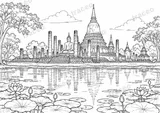 Black-and-white landscape colouring page of Wat Mahathat in Sukhothai