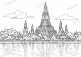 Black-and-white landscape colouring page of Wat Arun on the Chao Phraya