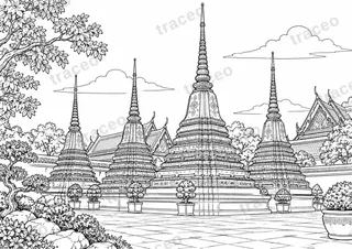 Black-and-white landscape colouring page of The chedis of Wat Pho