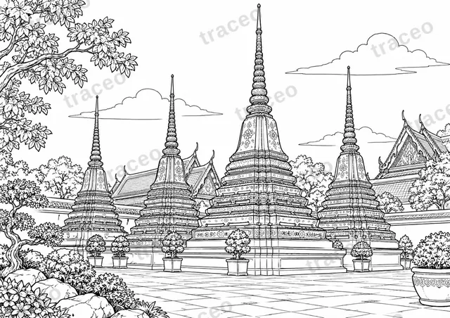 Dibujo para colorear de paisaje en blanco y negro de Los chedis de Wat Pho