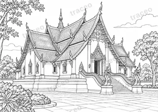 Black-and-white landscape colouring page of Wat Phumin in Nan