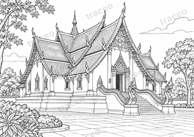 Black-and-white landscape colouring page of Wat Phumin in Nan